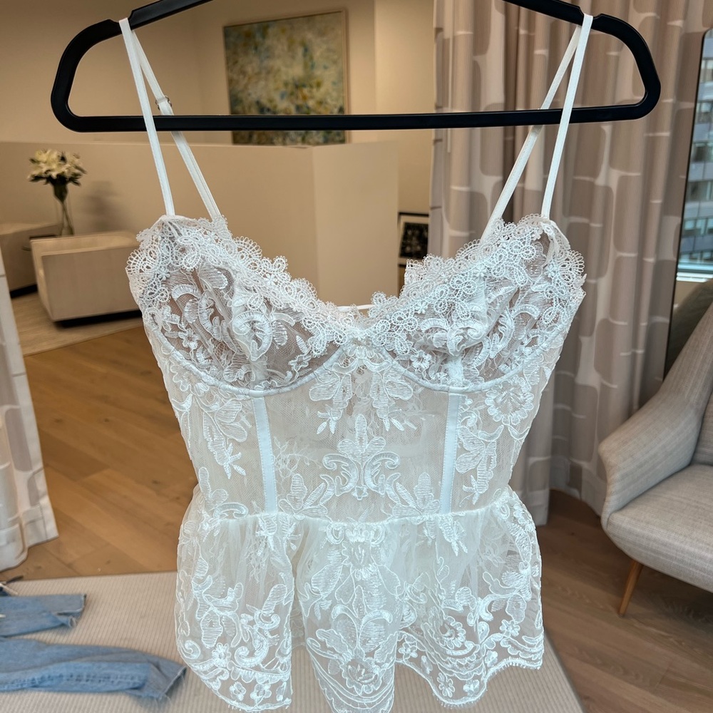 V. Chapman White Lace Peplum Bustier Top